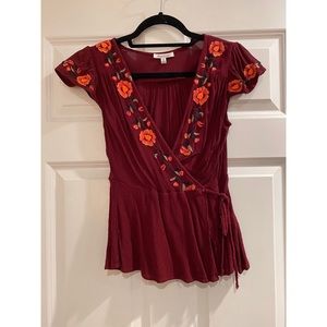 Red Embroidered Floral Surplice Top